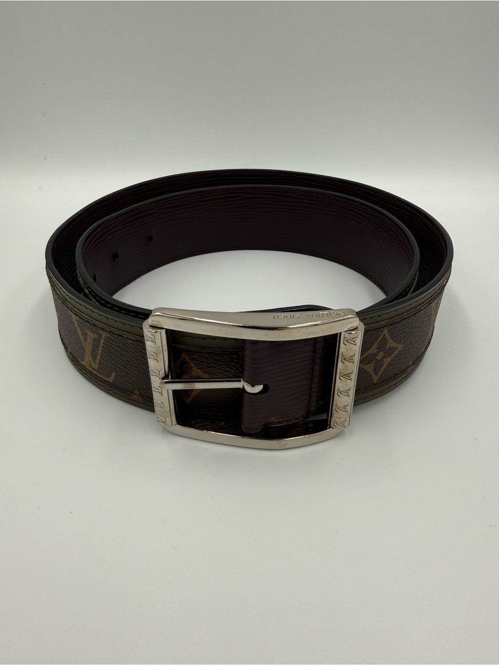 Louis Vuitton Brown Monogram Men's Leather Belt with Silver Buckle size 36.
